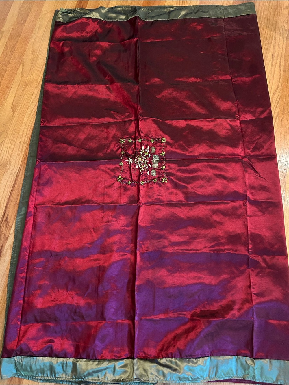 Embroidered Burgundy Satin Tablecloth and Runner with Sage Trim